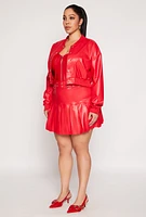 Womens Plus Faux Leather Bomber Jacket, Red,