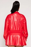 Womens Plus Faux Leather Bomber Jacket, Red,