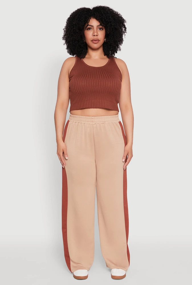 Womens Plus Contrast Trim Wide Leg Pants,