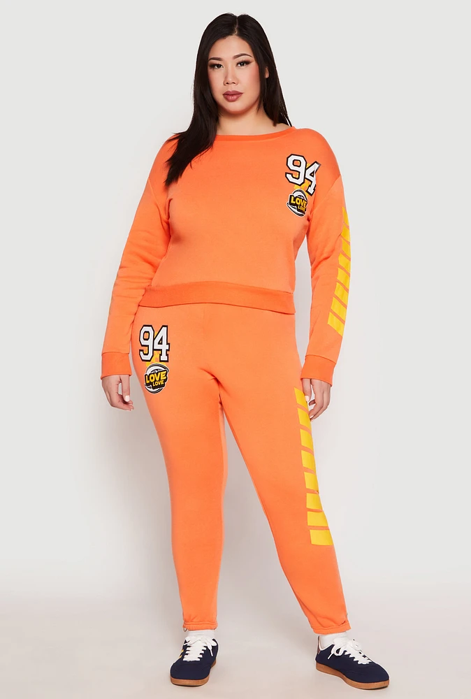 Womens Plus 94 Love Graphic Zip Hem Sweatpants, Orange,