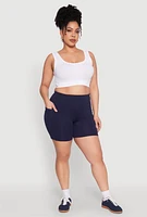 Womens Plus Side Pocket Biker Shorts, Blue,