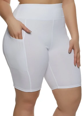 Womens Plus Size Basic Pocket Biker Shorts, White, Size 1X