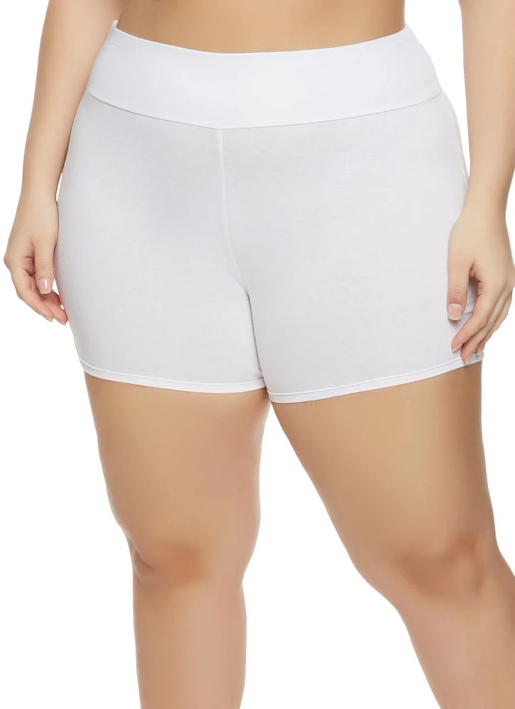 Womens Plus Wide Waistband Biker Shorts, White,