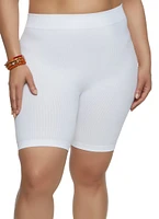 Womens Plus Size Rib Knit Seamless Biker Shorts, White, Size 2X-3X