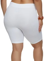 Womens Plus Size Rib Knit Seamless Biker Shorts, White, Size 2X-3X
