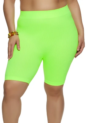 Womens Plus Size Rib Knit Seamless Biker Shorts, Green, Size 1X-2X