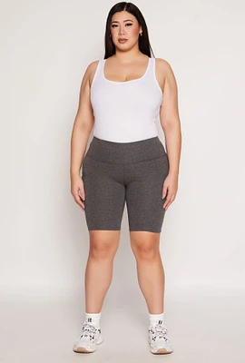 Womens Plus Cargo Pocket High Waist Biker Shorts, Grey,