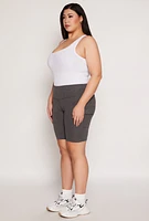 Womens Plus Cargo Pocket High Waist Biker Shorts, Grey,