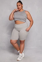 Womens Plus Cargo Pocket High Waist Biker Shorts, Grey,