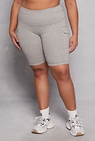 Womens Plus Cargo Pocket High Waist Biker Shorts, Grey,