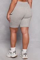 Womens Plus Cargo Pocket High Waist Biker Shorts, Grey,