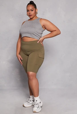 Womens Plus Cargo Pocket High Waist Biker Shorts,