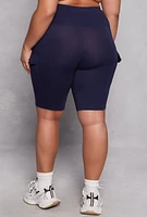 Womens Plus Size Cargo Pocket High Waist Biker Shorts, Blue, Size 2X