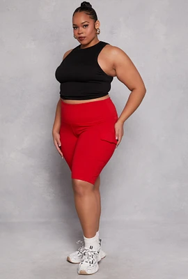 Womens Plus Size Cargo Pocket High Waist Biker Shorts, Red, Size 3X