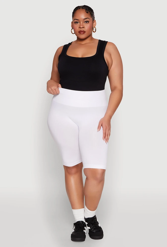 Womens Plus Size Seamless High Waisted Bike Shorts, White, Size 1X-2X
