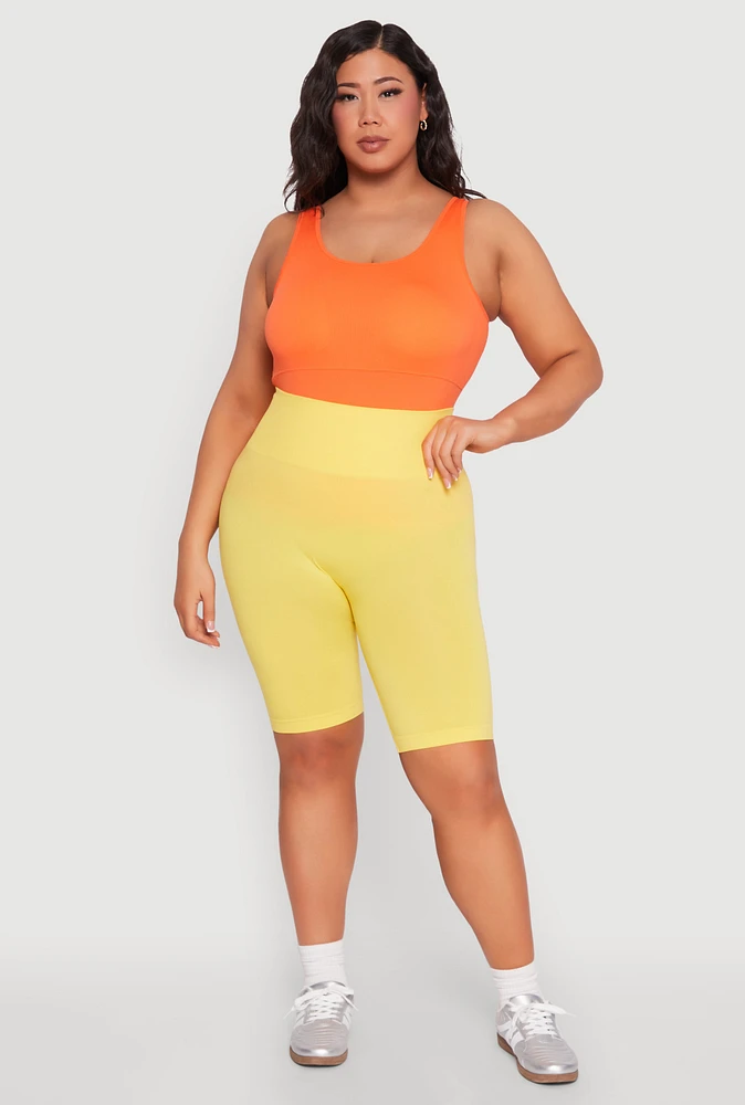 Womens Plus Size Seamless High Waisted Bike Shorts, Yellow, Size 2X-3X