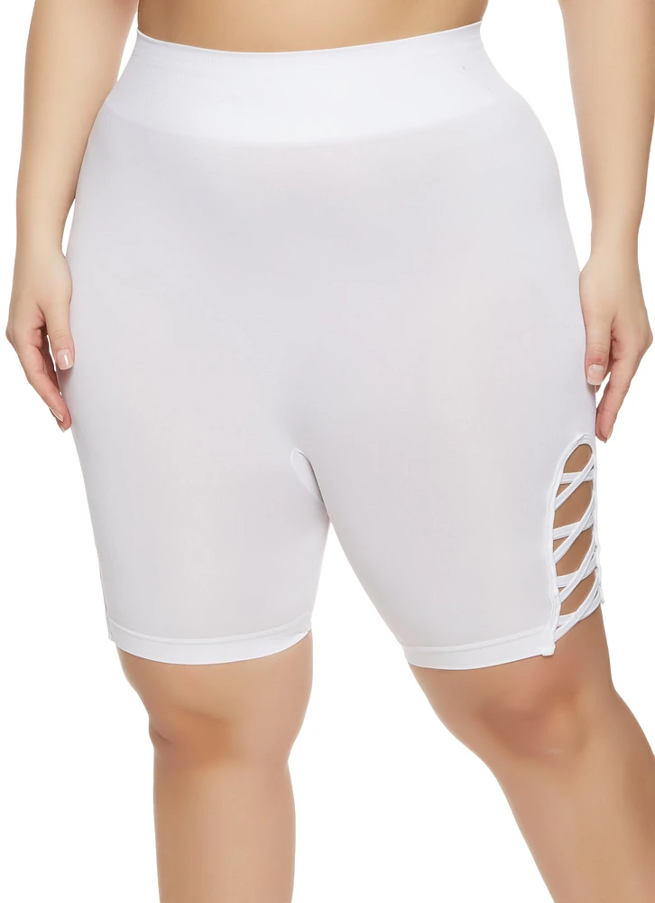 Womens Plus Size Caged Detail Seamless Biker Shorts, White, Size 1X-2X