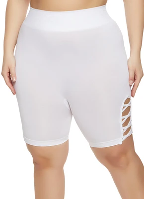 Womens Plus Size Caged Detail Seamless Biker Shorts, White, Size 1X-2X