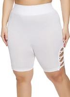 Womens Plus Size Caged Detail Seamless Biker Shorts, White, Size 1X-2X