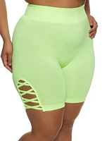 Womens Plus Size Caged Detail Seamless Biker Shorts, Green, Size 2X-3X