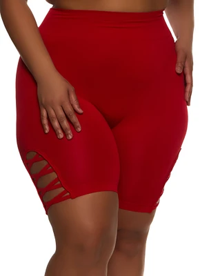 Womens Plus Size Caged Detail Seamless Biker Shorts, Red, Size 1X-2X