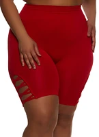 Womens Plus Size Caged Detail Seamless Biker Shorts, Red, Size 1X-2X