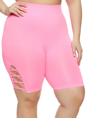 Womens Plus Size Caged Detail Seamless Biker Shorts, Pink, Size 1X-2X