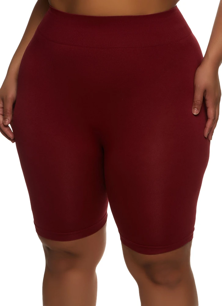 Womens Plus Size High Waist Seamless Bike Shorts, Burgundy, Size 2X-3X