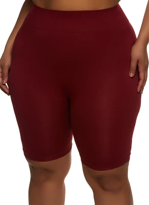 Womens Plus Size High Waist Seamless Bike Shorts, Burgundy, Size 2X-3X