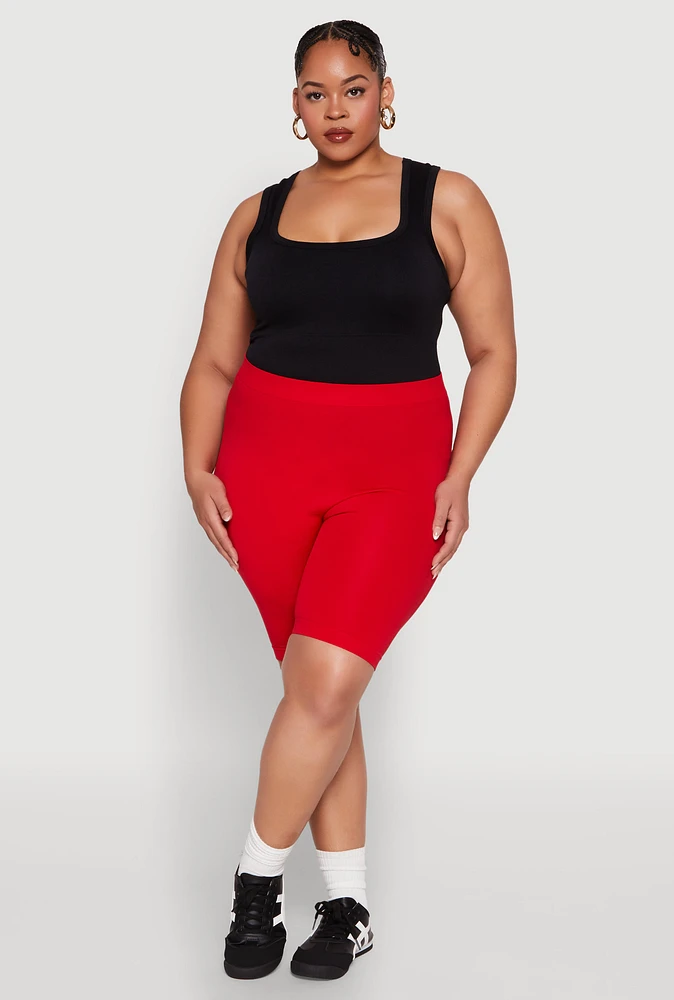 Womens Plus Size High Waisted Seamless Bike Shorts, Red, Size 1X-2X