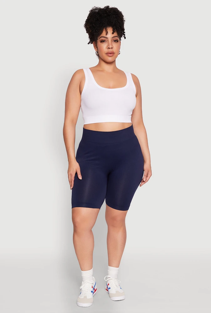 Womens Plus Size High Waist Seamless Biker Shorts, Blue, Size 1X-2X
