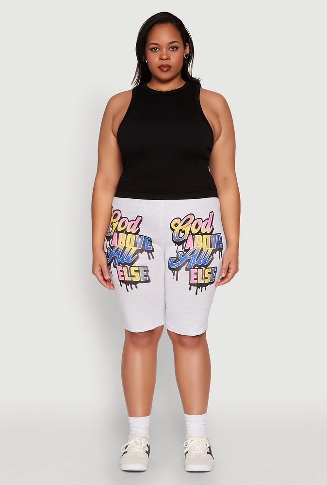 Womens Plus Size God Above All Else Graphic Biker Shorts, Grey, Size 3X