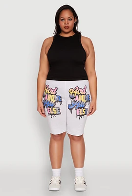 Womens Plus Size God Above All Else Graphic Biker Shorts, Grey, Size 3X