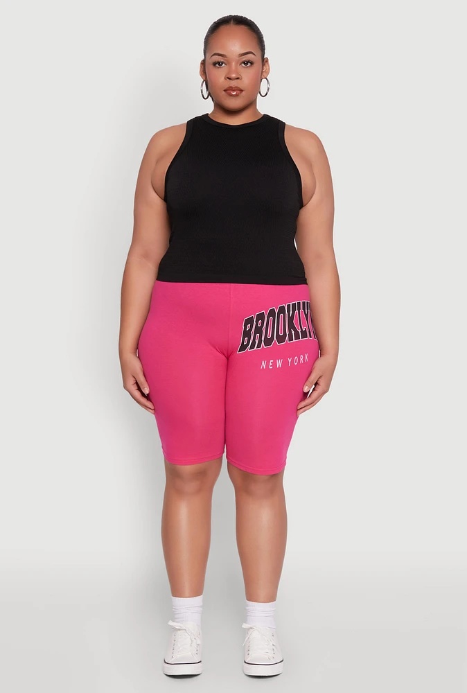 Womens Plus Size Brooklyn New York Biker Shorts, Pink, Size 1X