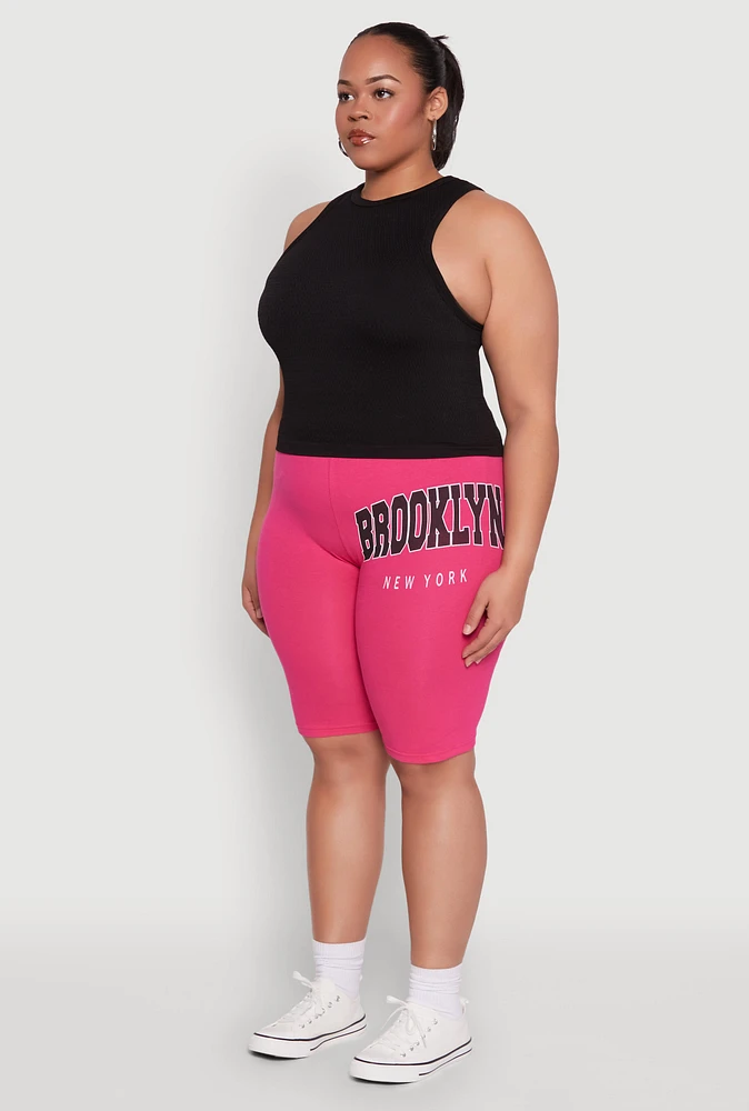 Womens Plus Size Brooklyn New York Biker Shorts, Pink, Size 1X