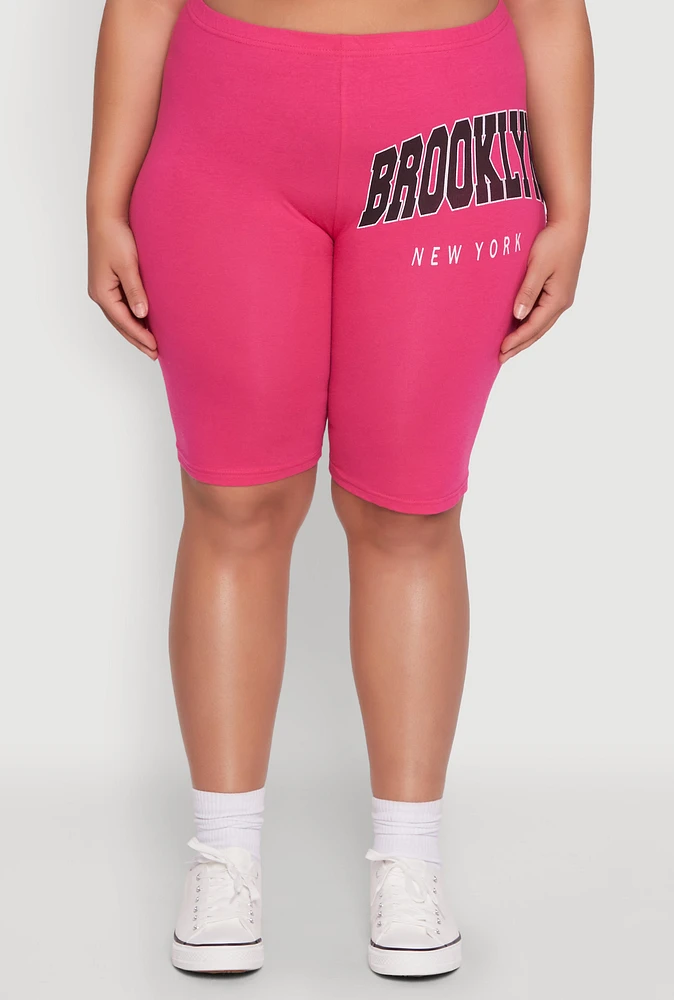Womens Plus Size Brooklyn New York Biker Shorts, Pink, Size 1X