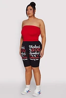 Womens Plus Size Blessed By God Graphic Biker Shorts, Black, Size 2X