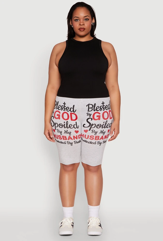 Womens Plus Blessed By God Graphic Biker Shorts, 1X