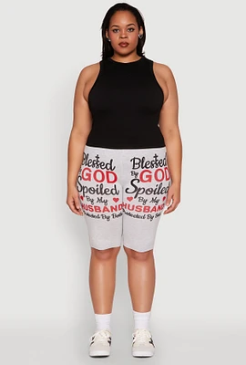 Womens Plus Blessed By God Graphic Biker Shorts, 1X