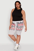 Womens Plus Blessed By God Graphic Biker Shorts, 1X