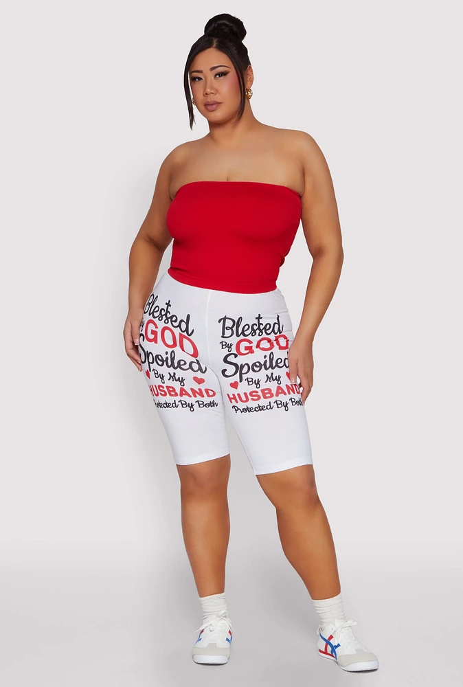 Womens Plus Size Blessed By God Graphic Biker Shorts, White, Size 1X