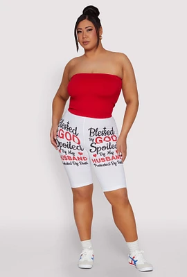 Womens Plus Size Blessed By God Graphic Biker Shorts, White, Size 1X