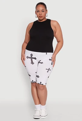 Womens Plus Size Cross Graphic Biker Shorts, White, Size 2X