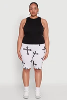 Womens Plus Size Cross Graphic Biker Shorts, White, Size 2X