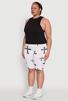 Womens Plus Size Cross Graphic Biker Shorts, White, Size 2X