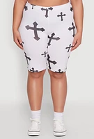 Womens Plus Size Cross Graphic Biker Shorts, White, Size 2X