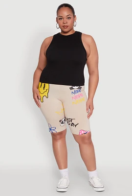 Womens Plus Size Nope Graffiti Graphic Biker Shorts, Beige, Size 2X