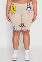 Womens Plus Size Nope Graffiti Graphic Biker Shorts, Beige, Size 2X