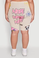 Womens Plus Size Nope Graffiti Graphic Biker Shorts, Beige, Size 2X