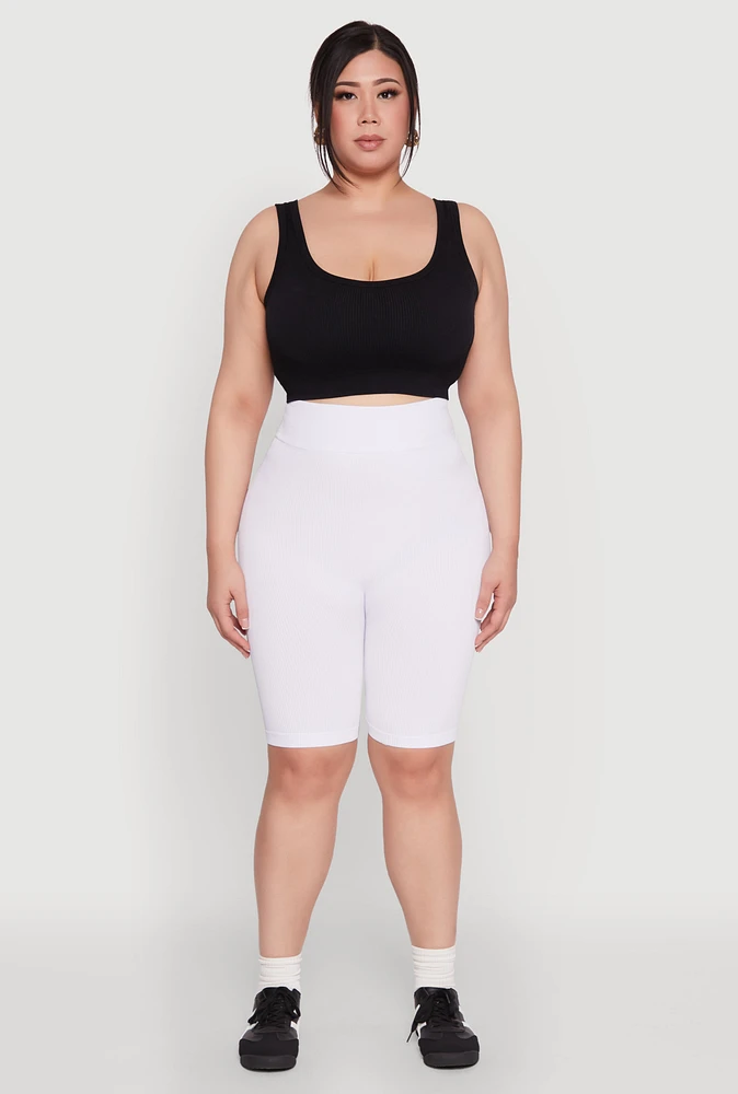 Womens Plus Size Seamless High Waist Cycling Shorts, White, Size 1X-2X